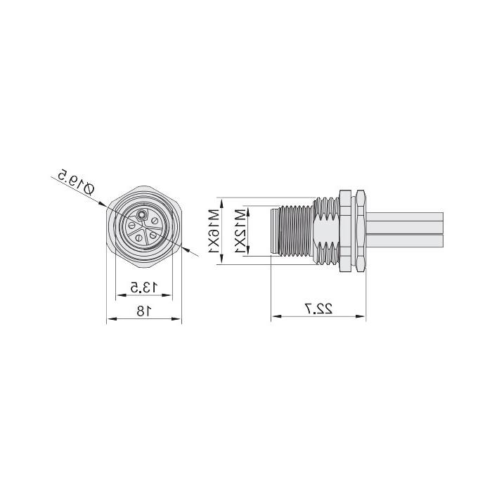 M12 5Pin L-coded, straight male head, flange socket, plate rear installation, suitable for field welding installation, 64LB21H